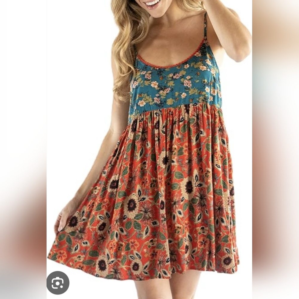 Floral Spaghetti-Strap Summer Dress in Teal and Coral